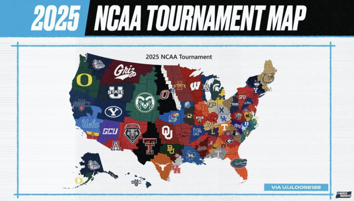 
This year's March Madness Map - Each county is assigned to the closest team in the bracket.
(Via March Madness Men's Basketball)
